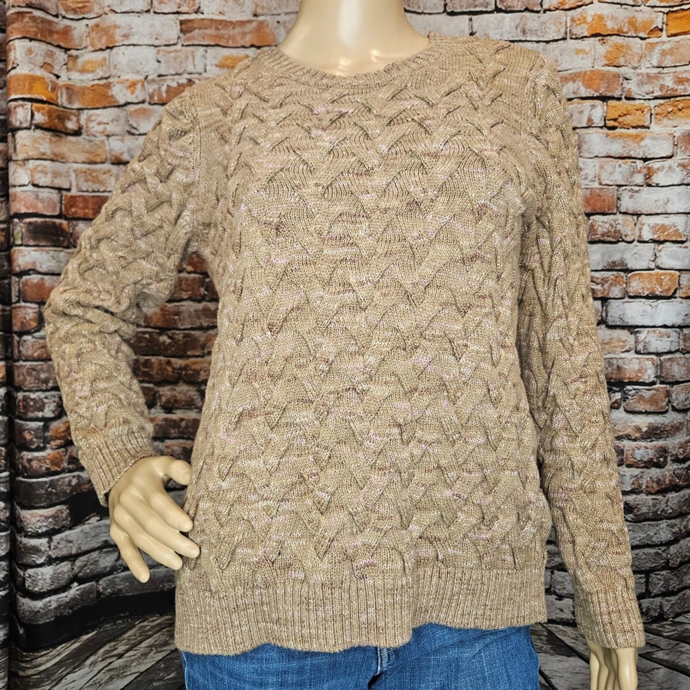 Lands End Drifter Cable Knit Crewneck Sweater Brown Pink Womens Medium Petite